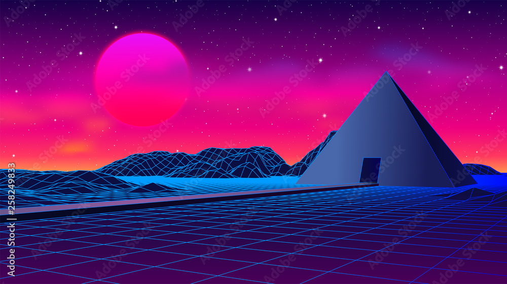 Ancient mysterious pyramid in 80s styled neon landscape with purple sky and blue mountains in retrowave, synthwave style graphics