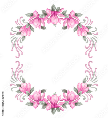 Hand drawn painting watercolor pencils and paints pink magnolia flowers isolated on white background