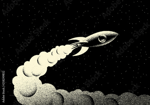 Space landscape with scenic view on rocket rocket taking off with fire and smoke and stars made with retro styled dotwork