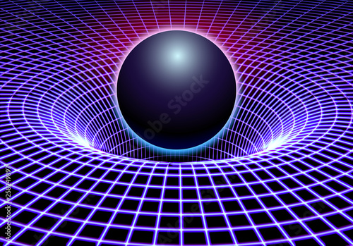 Foto Black hole or gravity grid with glowing ball or sun in 80s synthwave and style