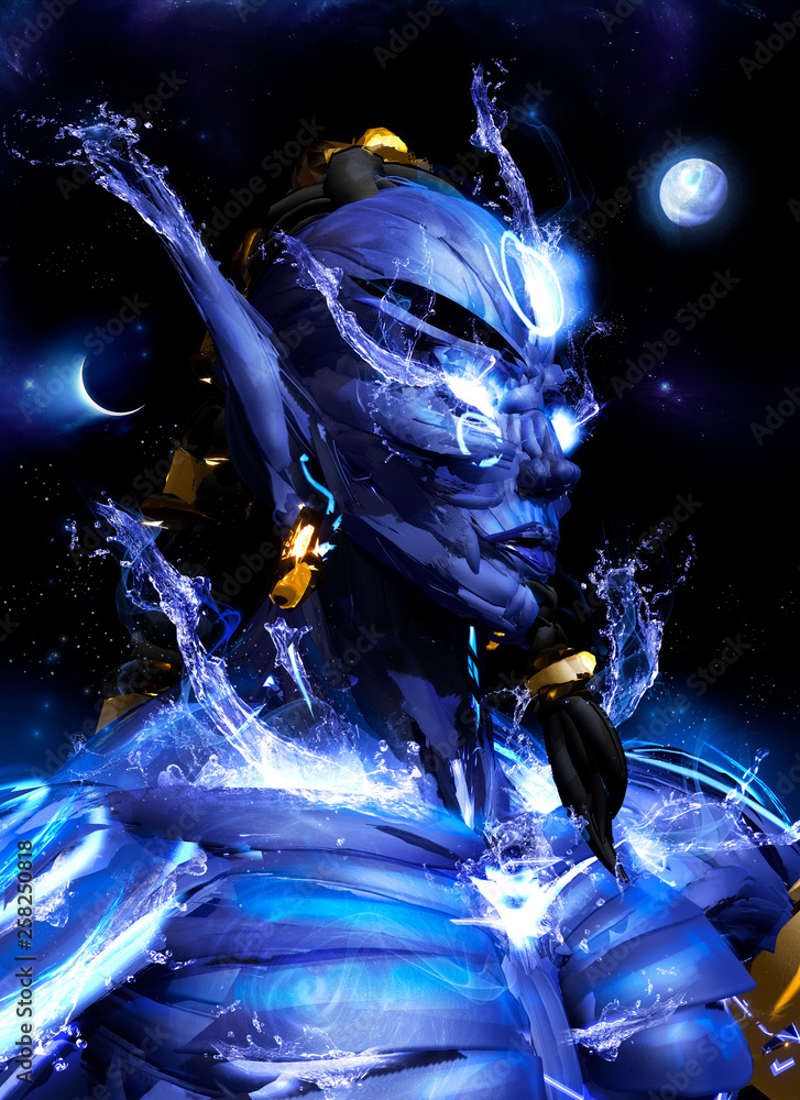 Naklejka premium Portrait of blue gin with long ears beard and glowing eyes