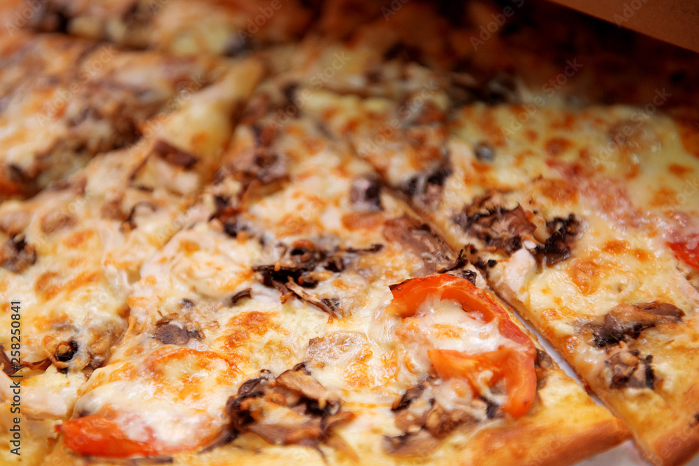 Delicious pizza with mushrooms and cheese close-up. Delicious pizza with mushrooms and cheese close-up.