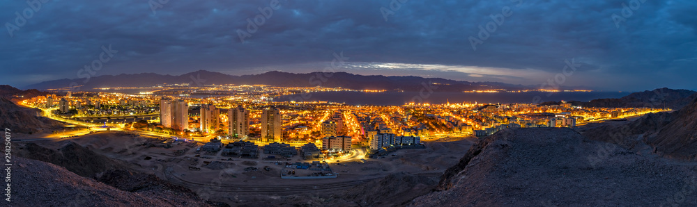 Panoramic aerial scenic view on the Eilat (Israel) and Aqaba (Jordan) cities and northern shore of the Aqaba gulf, Red Sea