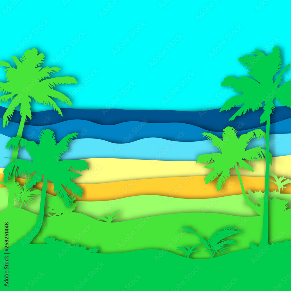 Papercut backrgound with silhouette palm trees, sea and beach