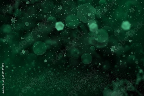 teal, sea-green beautiful shining glitter lights defocused bokeh abstract background and falling snow flakes fly, festal mockup texture with blank space for your content