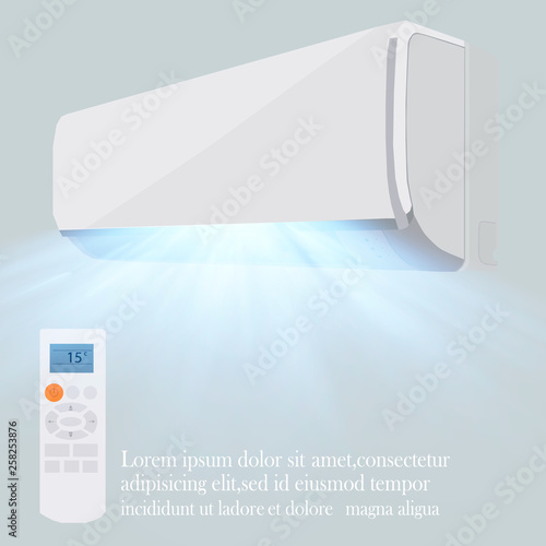 Air conditioner vector background ad.Split system air conditioner. Cool and cold climate control system. Realistic conditioning with remote controller.
