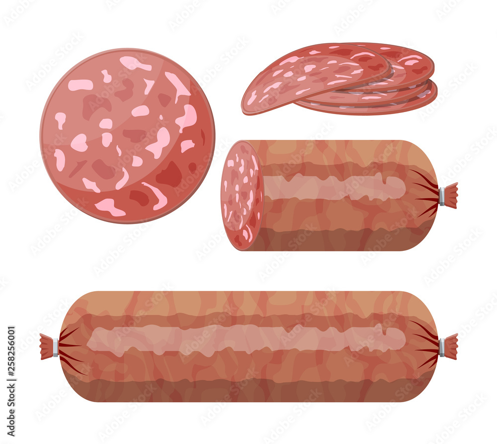Slices of salami sausage isolated on white. Meat delicatessen gastronomic product. Vector illustration in flat style Slices of salami sausage isolated on white. Meat delicatessen gastronomic product. Vector illustration in flat style