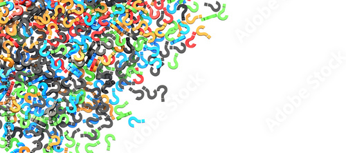 Colorful question marks on white background with empty space on right side. 3D Rendering