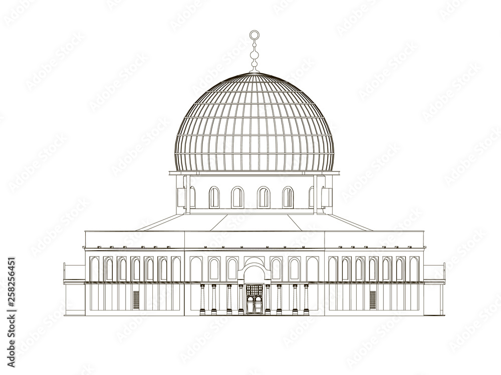 Wireframe of the building with a dome. Outline of the building of black lines on a white background. Front view. Vector illustration