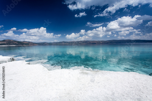 Turquoise waters and white mineral rich beach of Lake Salda, Burdur.