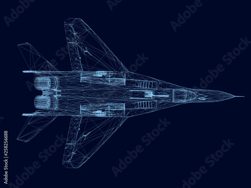 Wireframe of a fighter of blue lines on a dark background. View from above. 3D. Vector illustration