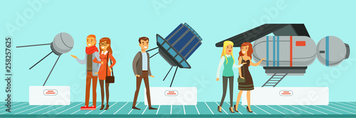 People at science exhibition, museum visitors looking at space satellites vector Illustration in flat style