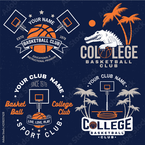 Set of basketball club badge. Vector. Graphic design for t-shirt, tee, print or apparel. Vintage typography design with basketball hoop and ball silhouette.