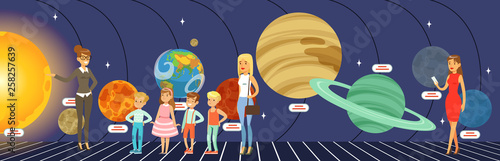 Kids learning about the stars, planets and the solar system at the planetarium vector Illustration in flat style
