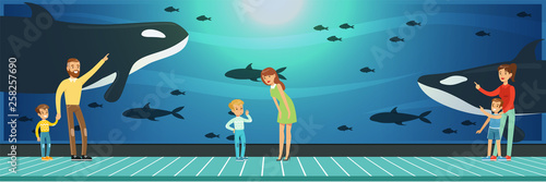 People visiting an oceanarium, parents with children watching underwater scenery with sea animals vector Illustration in flat style