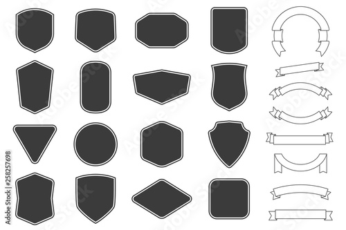 Set of vitage label, badges shape and ribbon baner collections. Vector. Black template for patch, insignias, overlay.