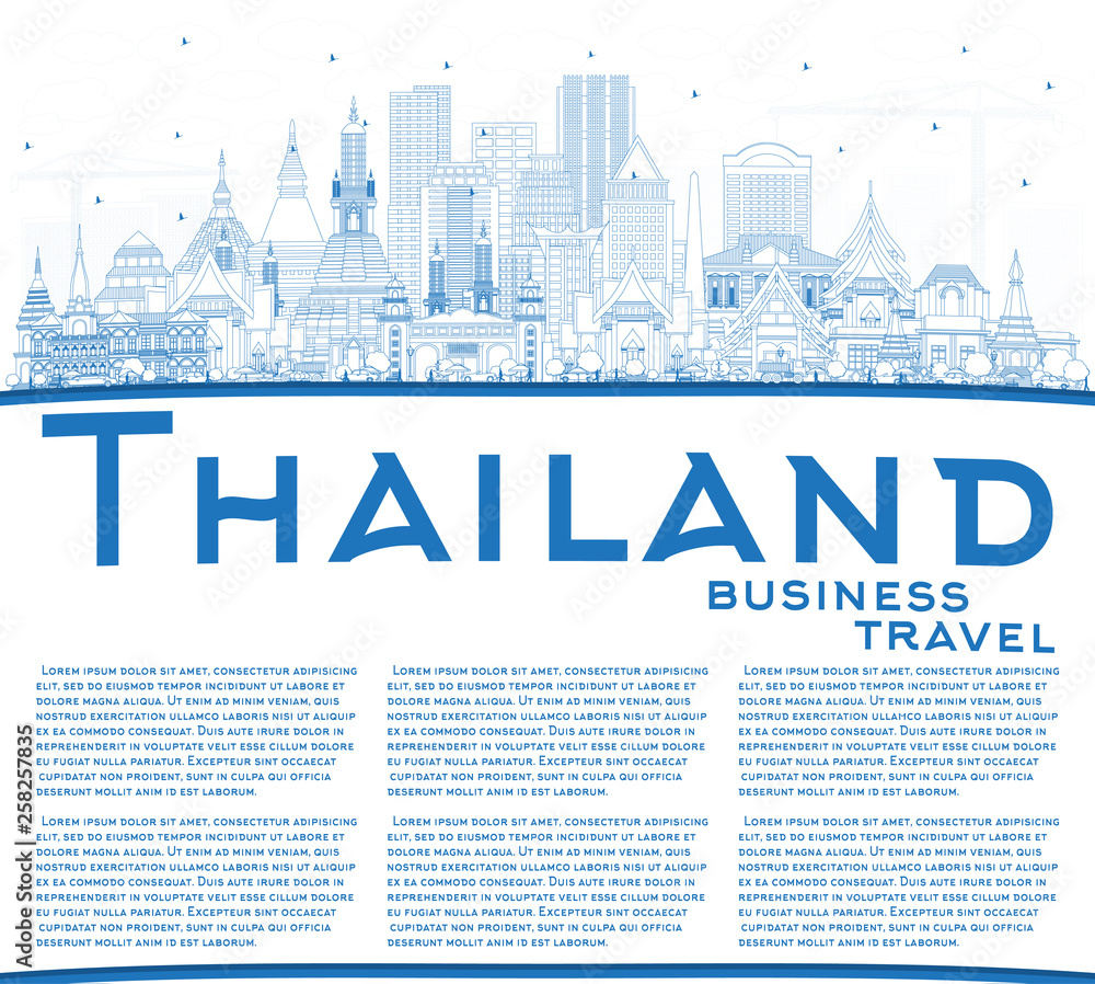 Outline Thailand City Skyline with Blue Buildings and Copy Space.