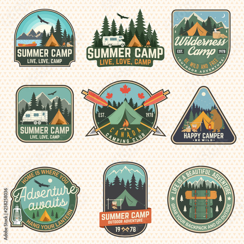 Set of Summer camp patches. Vector. Concept for shirt, stamp, apparel or tee. Vintage design with lantern, pocket knife, campin tent, axe, mountain, campfire and forest silhouette.