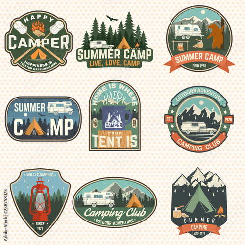 Set of Summer camp badges. Vector. Concept for shirt or logo, print, stamp, patch. Vintage typography design with rv trailer, camping tent, campfire, bear, marshmallow axe and forest silhouette