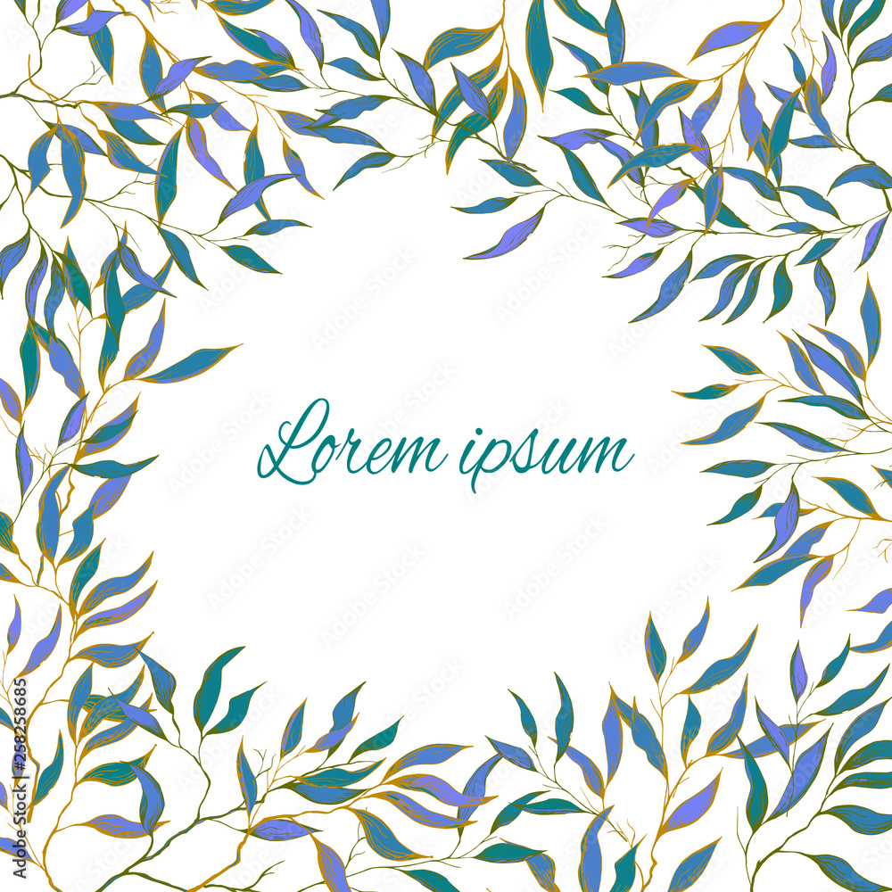 Spring card with delicate green leaves. Natural botanical editable pattern. Text frame for congratulations. Spring card with delicate green leaves. Natural botanical editable pattern. Text frame for congratulations.