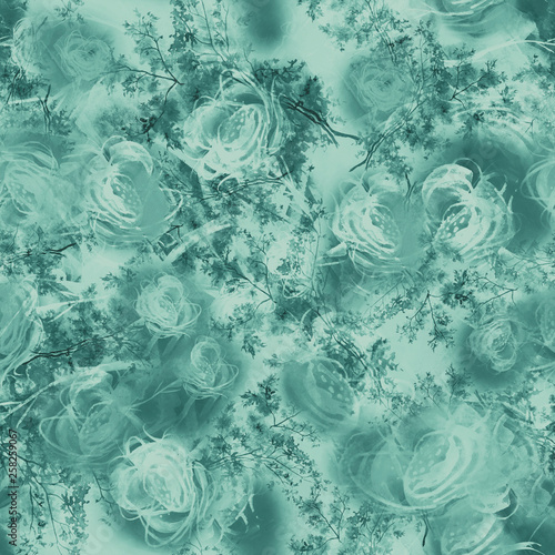 Watercolor Vintage seamless pattern with drawing green roses flowers, lilac, lavender flowers, peony, poppy. Floral background. Stylish trendy art background. Abstract splash of green paint.  © helgafo