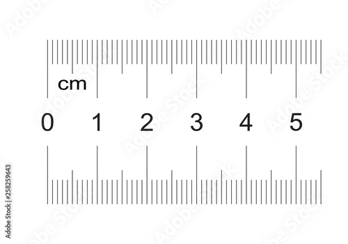 Ruler of 50 millimeters. Ruler of 5 centimeters. Calibration grid. Value division 1 mm. Precise length measurement device. Two-sided measuring instrument.