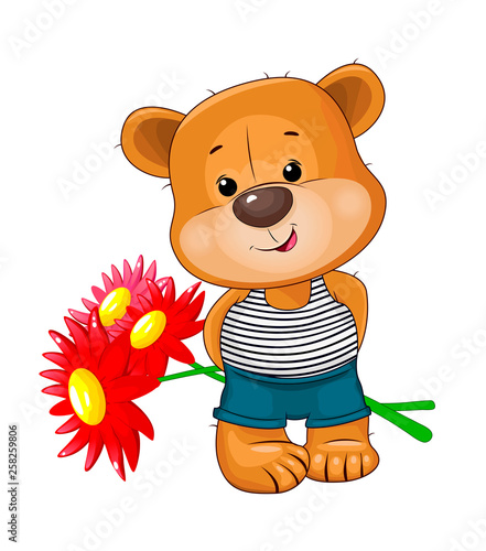 Fototapeta Naklejka Na Ścianę i Meble -  Cute bear with a bouquet of flowers. Little bear with flowers on a white background. A bear holds a bouquet of red flowers