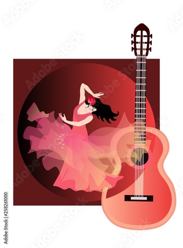 Spanish flamenco dancer - girl, manton in shape of flying bird and guitar silhouette.