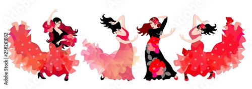 Obraz na plátně Four spanish girls in long dresses dancing flamenco isolated on white background
