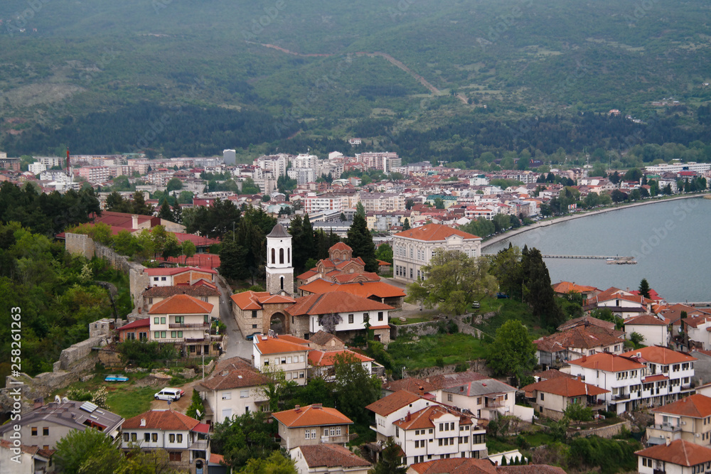 Panoramic aerial view to Ohrid lake and city from Samuels Fortress, North Macedonia