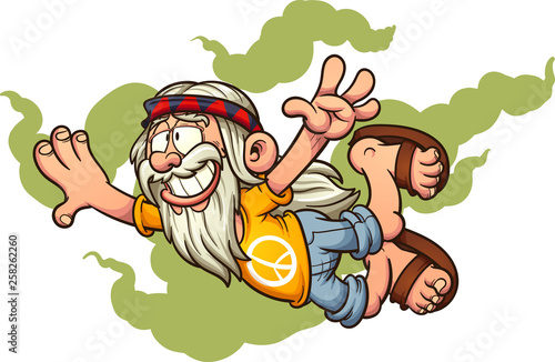 Flying old cartoon hippie man clip art. Vector illustration with simple gradients. Man and smoke on separate layers. 