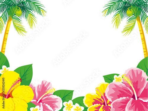 ハイビスカスとヤシの木　背景イラスト