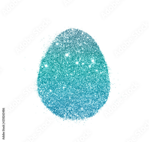 Easter egg made with blue glitter on white background, holiday decoration