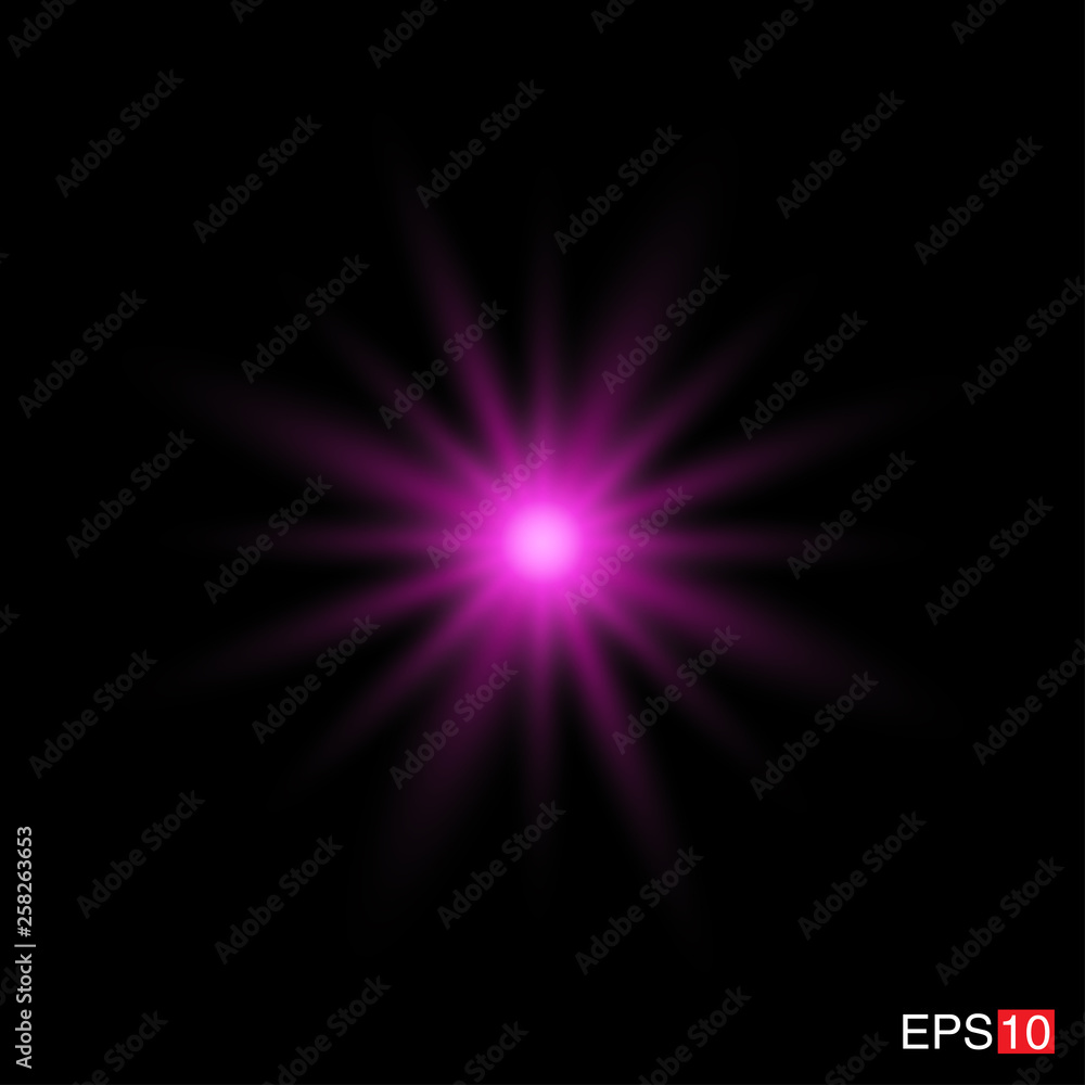 Obraz premium isolated pink Rays with lens flare, Sun flare, flare on the black background. Transparent Vector Illustration