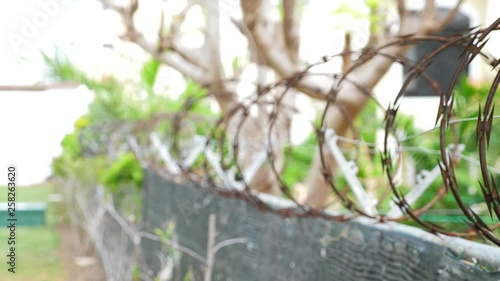 Wire barbed fence to private territory, nobody photo