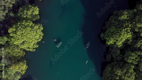 AERIAL: Lago De Camecuaro, Boat, Swimmer, Tangancicuaro, Mexico (Descending Down) photo