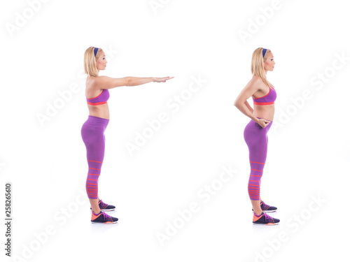 Beautiful young pregnant woman doing exercises on a white background. Early pregnancy.