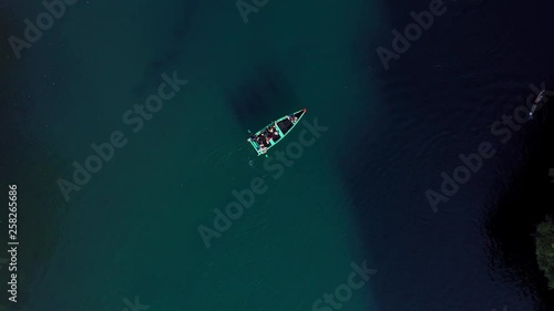 AERIAL: Lago De Camecuaro, Boat, Swimmer, Tangancicuaro, Mexico (Ascending Down) photo