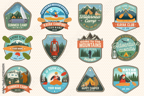 Set of summer camp, canoe and kayak club badges. Vector. For patch. Design with camping, mountain, river, american indian and kayaker silhouette. Extreme camp and water sport kayak patches