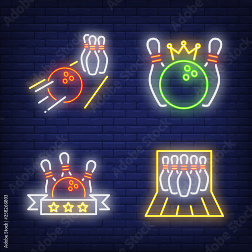 Bowling balls and skittles neon signs set