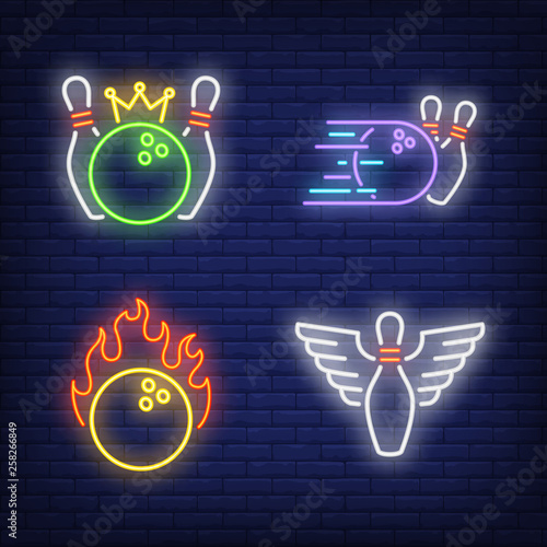 Bowling balls and skittles with wings neon signs set