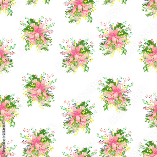 Beautiful cute liliya pattern. Different detail design with tropic monstera and foliage photo