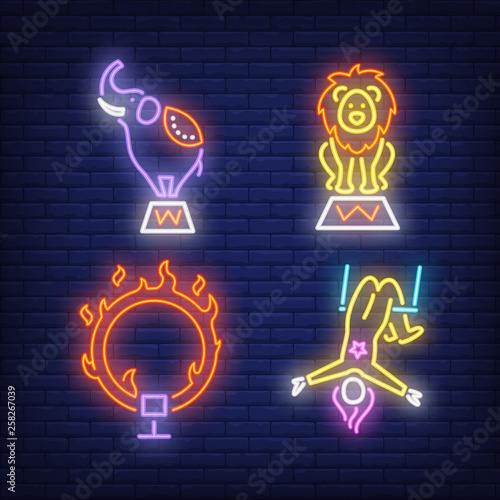 Circus acrobat elephant, lion and ring on fire, neon signs set