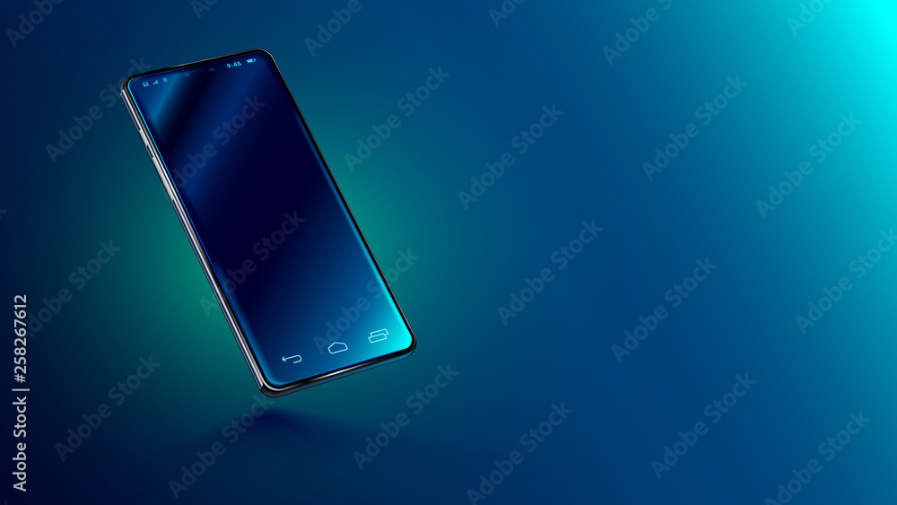 Modern glass smartphone hanging over the table with a smooth dark blue surface in perspective view with reflection. Realistic vector illustration isometric phone. Mock up or template shiny cellphone. - obrazy, fototapety, plakaty 