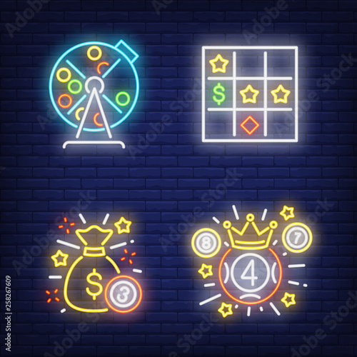 Lottery drum, bingo card and money sack neon signs set