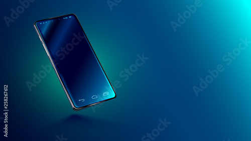 Modern glass smartphone hanging over the table with a smooth dark blue surface in perspective view with reflection. Realistic vector illustration isometric phone. Mock up or template shiny cellphone. photo