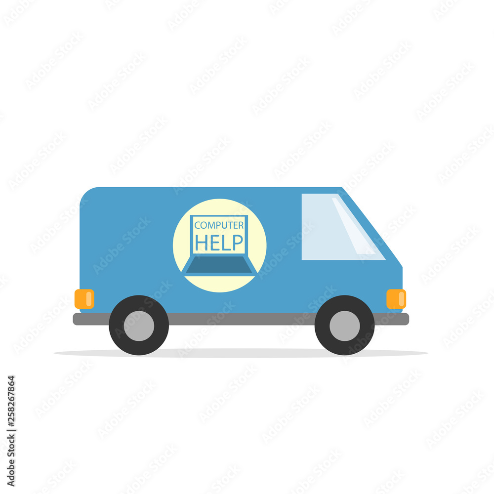 Computer assistance van. Car technical support. Flat style. Vector graphics. Computer assistance van. Car technical support. Flat style. Vector graphics.