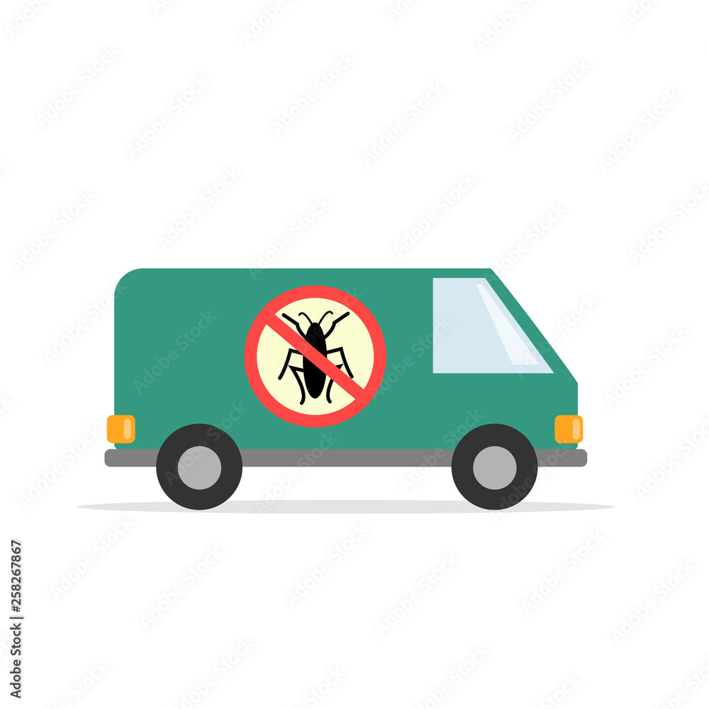 Van disinsector. Car service insect control. Flat style. Vector graphics.