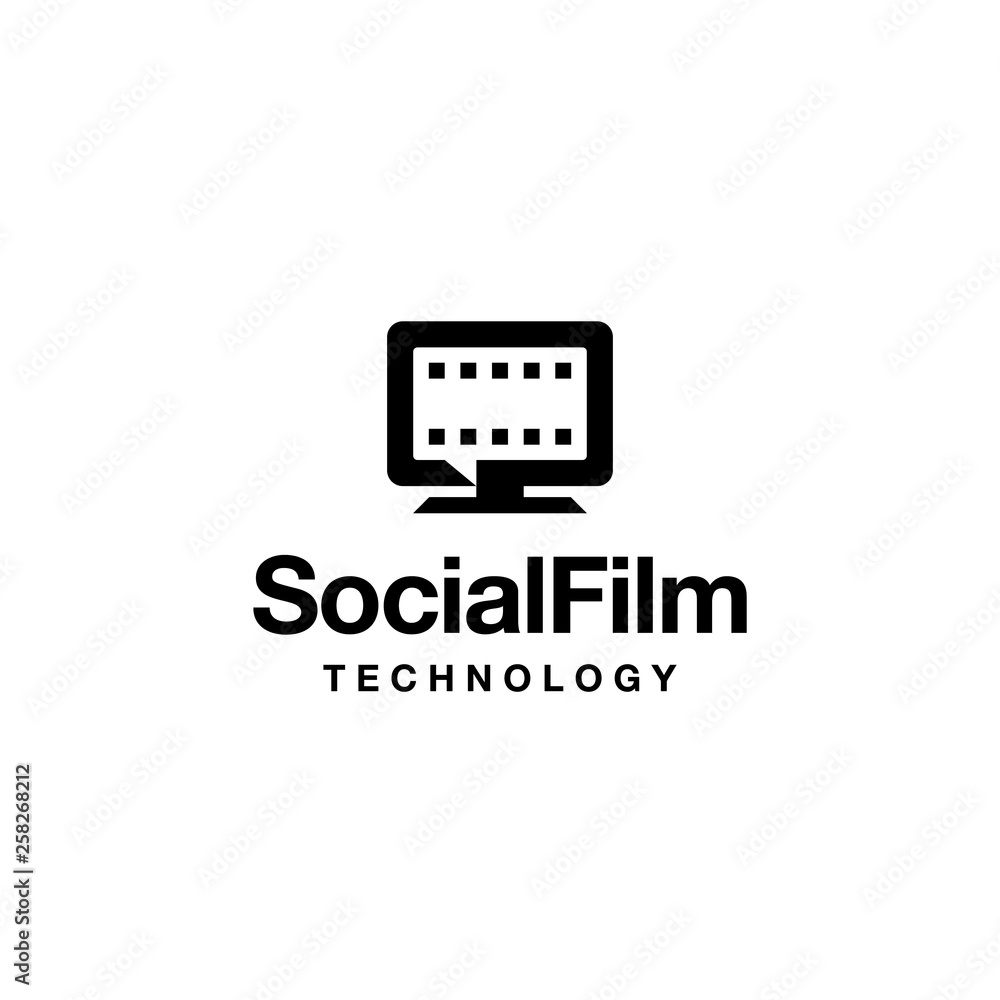 negative space logo combination from chat bubble with film strip and monitor computer logo design concept negative space logo combination from chat bubble with film strip and monitor computer logo design concept