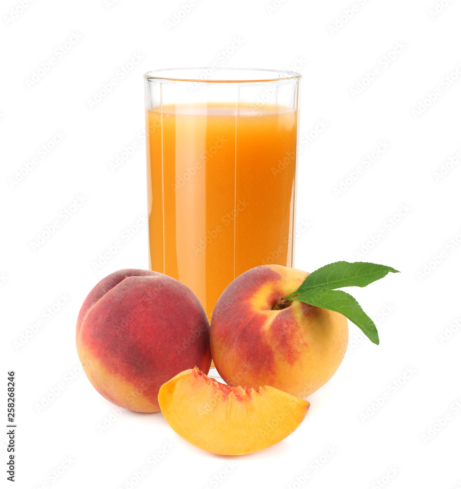 glass of peach juice with peach fruit and slices isolated on white background. glass of peach juice with peach fruit and slices isolated on white background.